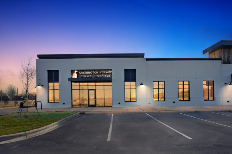 Exterior of Farmington Village Animal Hospital at dusk